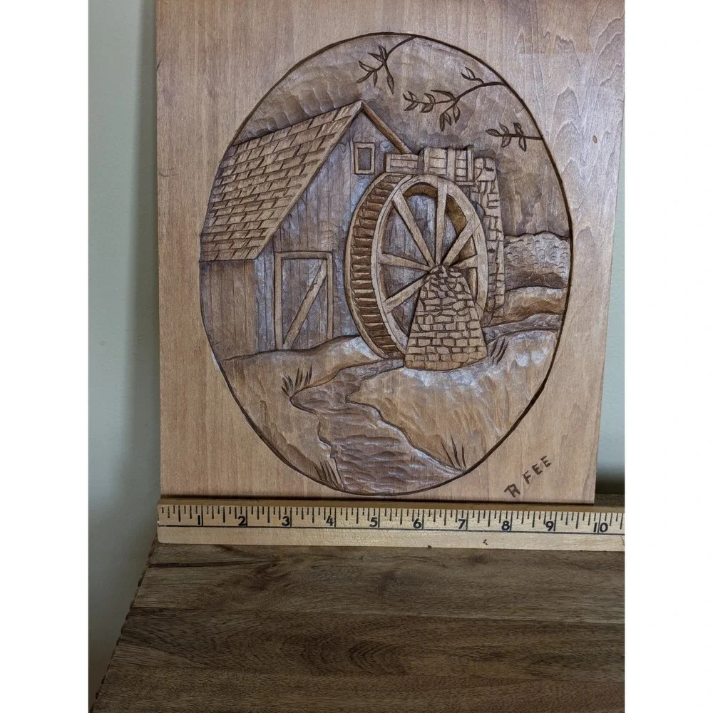 Vintage Hand Carved Wood Relief 3-D Wall Plaque Decor Water Mill Wheel Signed